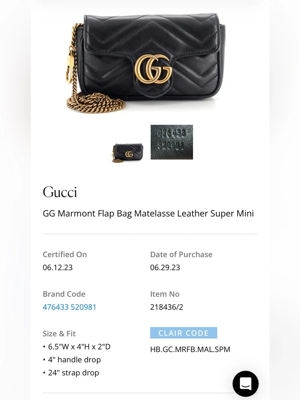 Gucci GG Marmont Flap Bag Matelasse Leather Super mini AUTHENTIC